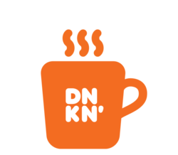 Orange Dunkin' mug with steaming coffee
