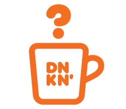 Orange outline of a Dunkin' coffee mug with a question mark over the cup