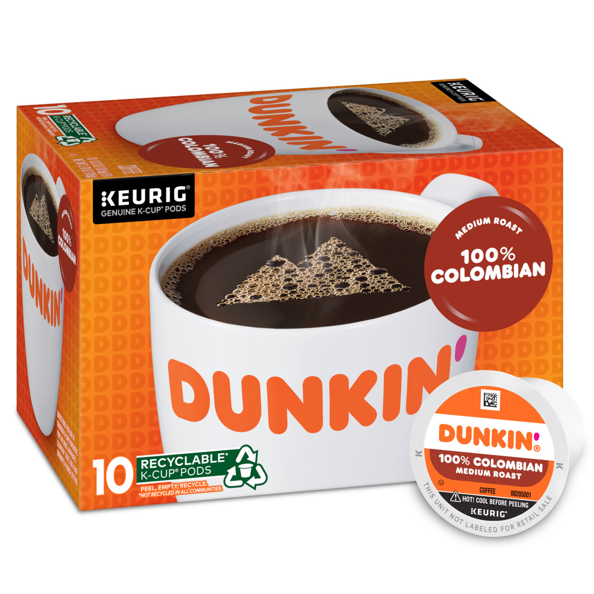 Dunkin'® 100% Colombian Coffee K-Cup® pods in an orange box with an image of a white mug filled with steaming coffee with two mountain peaks formed by bubbles on it and a K-Cup® pod on its side in the foreground