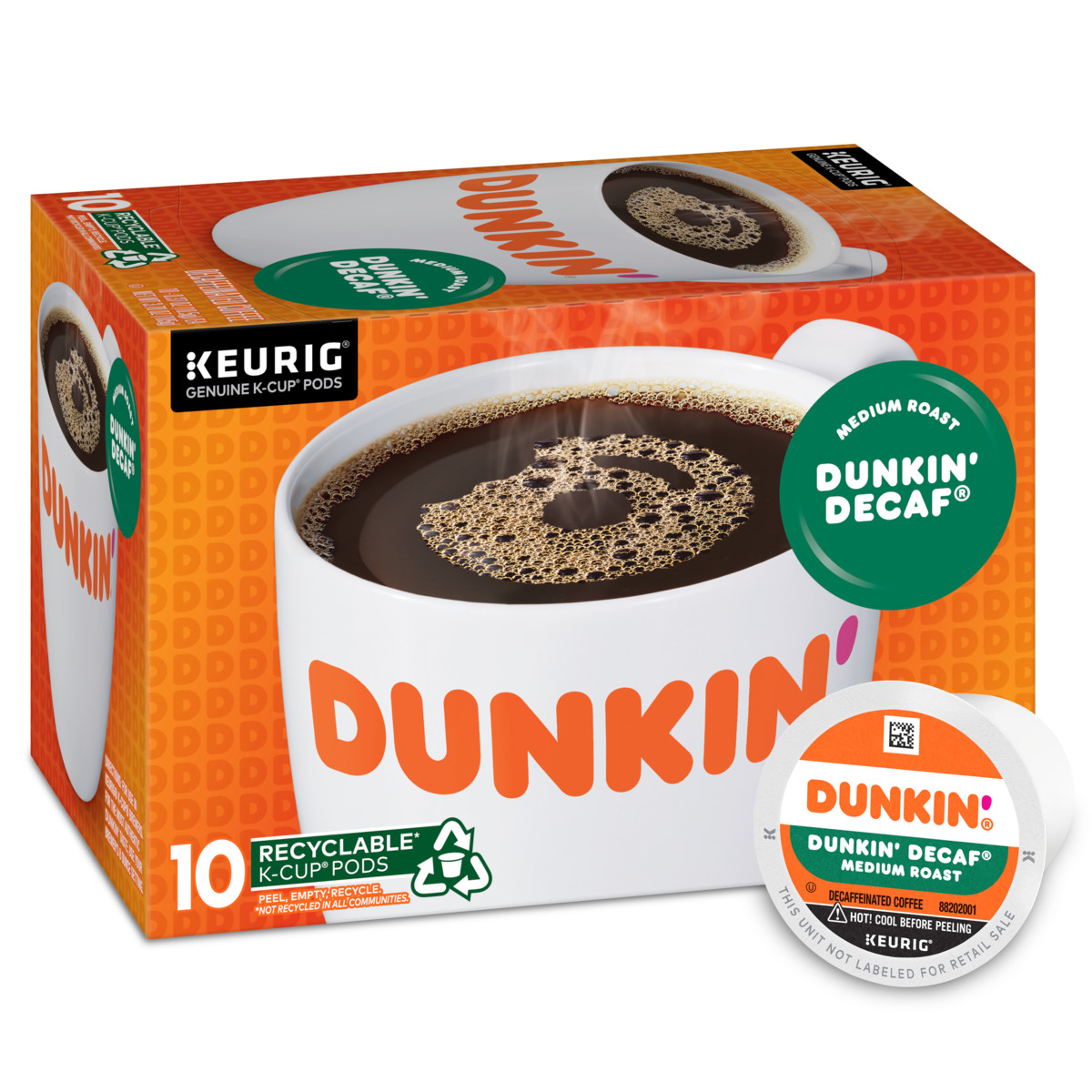 Dunkin'® Decaf Coffee K-Cup® pods in an orange box with an image of a white mug filled with steaming coffee on it and a K-Cup® pod on its side in the foreground
