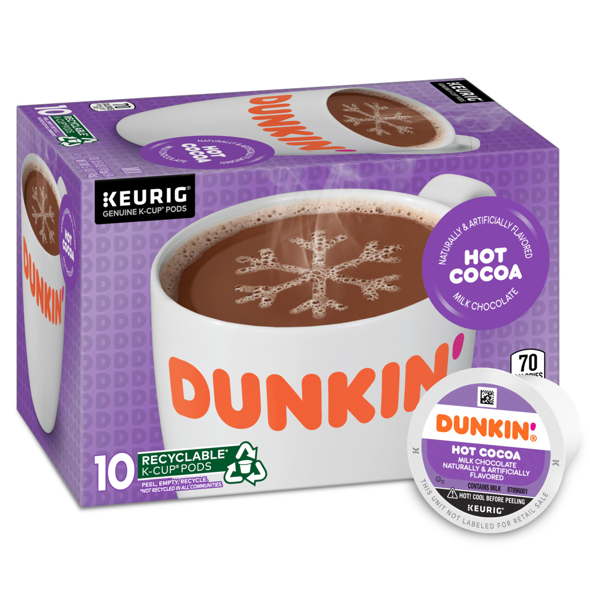 Dunkin'® Hot Cocoa K-Cup® pods in a purple box with an image of a white mug filled with steaming hot chocolate with a snowflake formed by bubbles on it and a K-Cup® pod on its side in the foreground