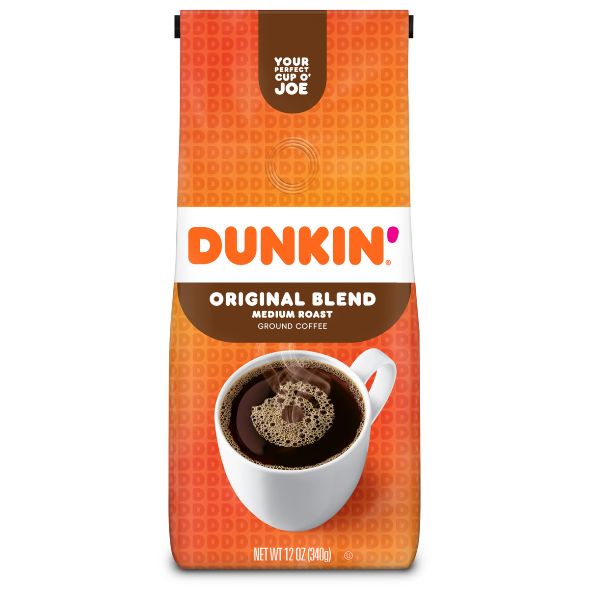 Dunkin' Original Blend Medium Roast Ground Coffee in an orange bag with an image of a white mug filled with steaming coffee on it