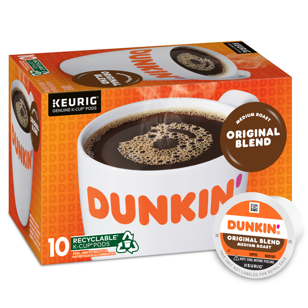 Dunkin'® Original Blend Medium Roast Coffee K-Cup® pods in an orange box with an image of a white mug filled with steaming coffee on it and a K-Cup® pod on its side in the foreground
