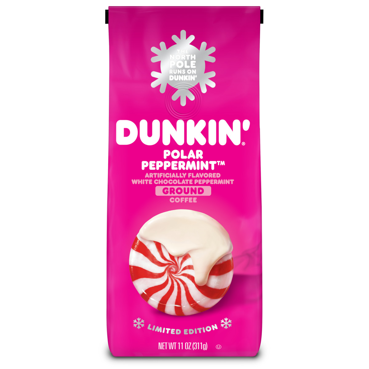 Dunkin' Limited Edition Polar Peppermint White Chocolate and Peppermint Ground Coffee in a pink bag with an image of a peppermint candy with white chocolate and a silver snowflake on it