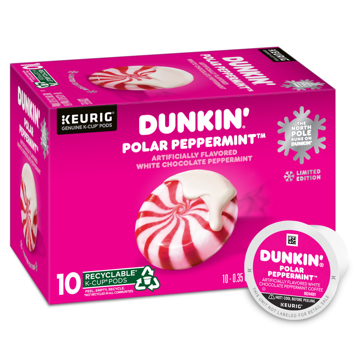 Dunkin'® Polar Peppermint™ Artificially Flavored White Chocolate Peppermint coffee K-Cup® pods in a pink box with an image of a red and white peppermint drizzled with white chocolate on it with a K-Cup® pod on its side in the foreground