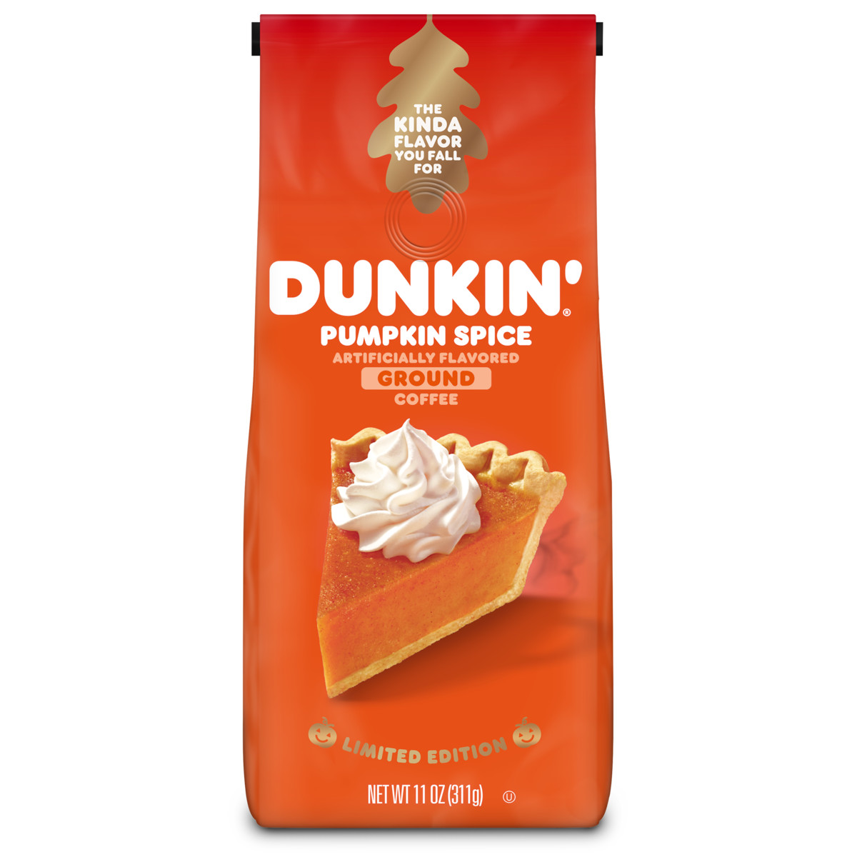 Dunkin' Limited Edition Pumpkin Spice Ground Coffee in an orange bag with an image of a piece of pumpkin pie with whipped cream and a gold leaf on it