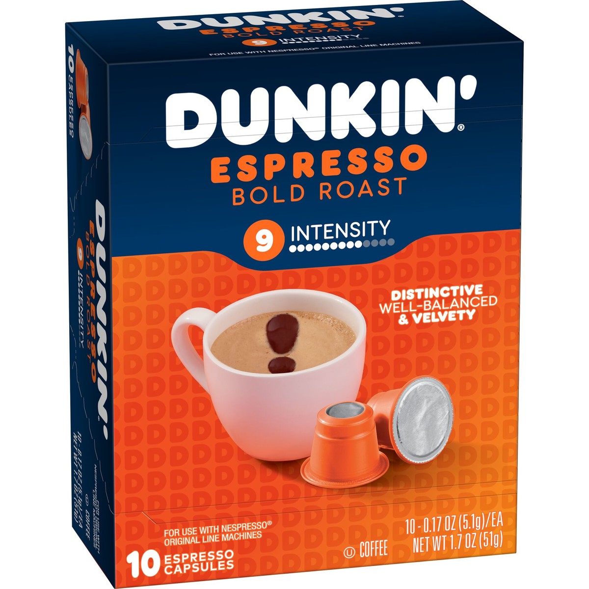 Dunkin'® Espresso Bold Roast dark roast espresso capsules in an orange and blue box with an image of a white mug with brown coffee and bubbles in the shape of an exclamation mark and two orange capsule pods on it
