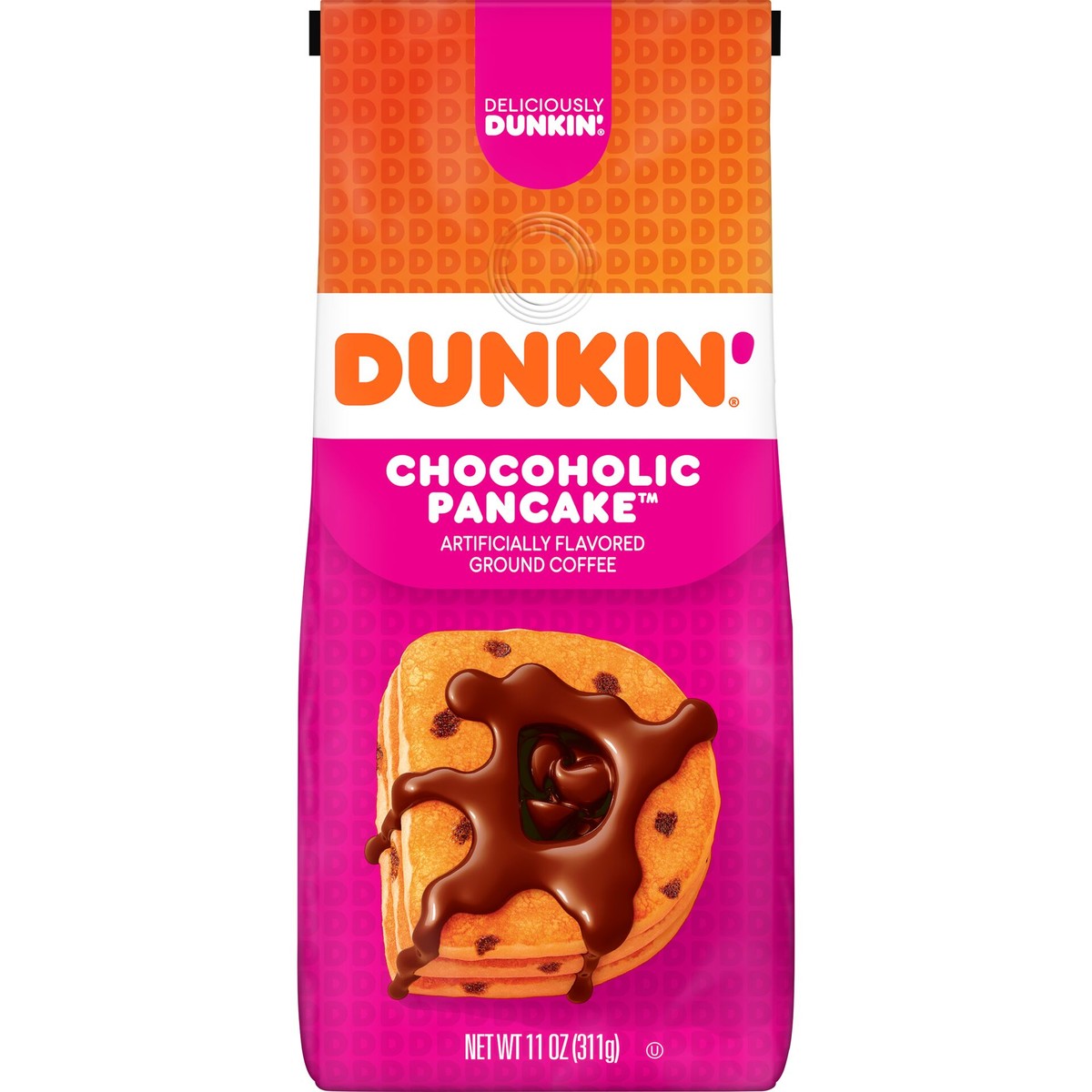Dunkin'® Chocoholic Pancake® Artificially Flavored ground coffee in a pink and orange bag with an image of a stack of chocolate chip pancakes in the shape of the letter "D" drizzled in chocolate syrup on it