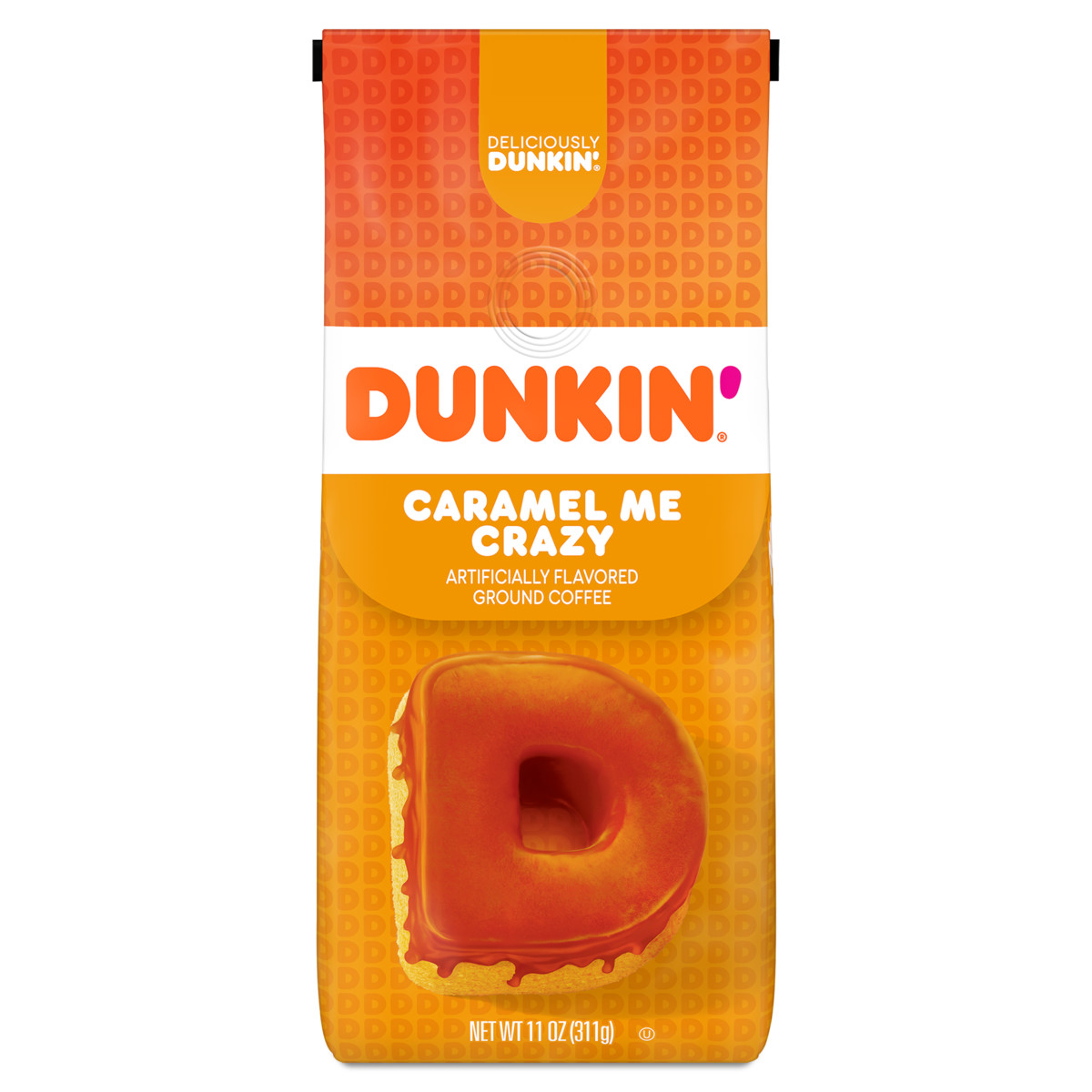 Dunkin'® Caramel Me Crazy Artificially Flavored ground caramel coffee in an amber bag with an image of a caramel covered letter "D" on it