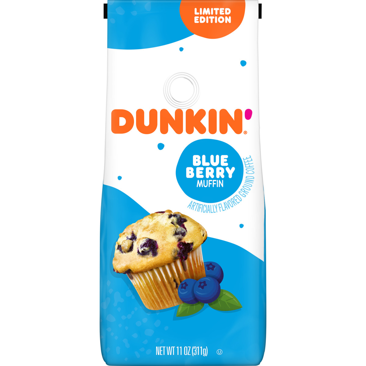 Dunkin'® Blueberry Muffin Artificially Flavored ground coffee in a blue and white bag with an image of a blueberry muffin with three blueberries and two green leaves in the foreground