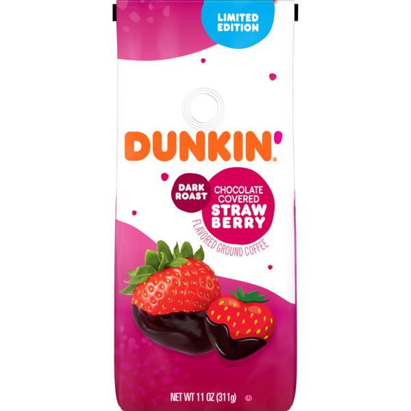 Dunkin'® Chocolate Covered Strawberry Flavored ground coffee in a dark pink and white bag with an image of two chocolate-dipped red strawberries with green leaves coming out their tops