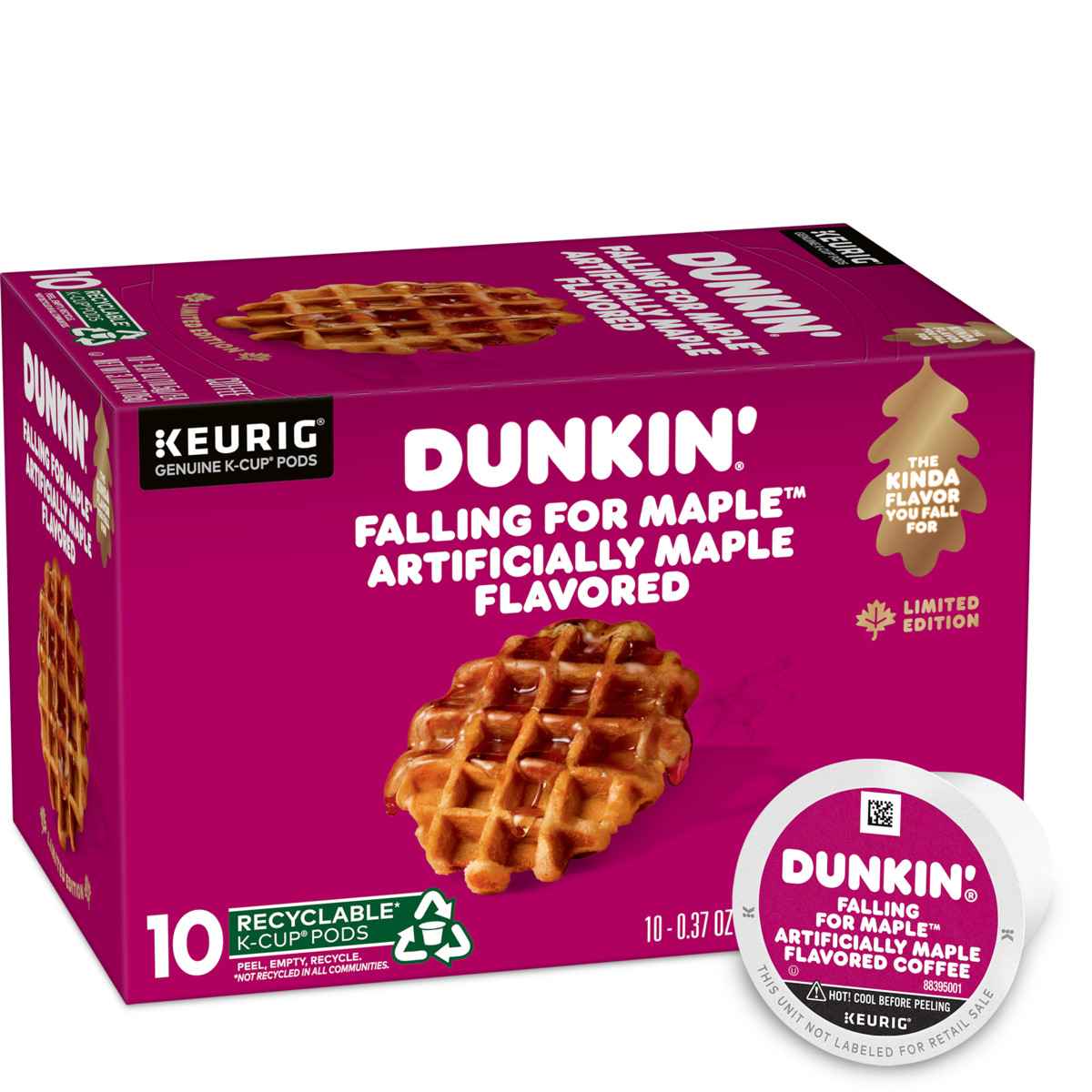 Dunkin'® Falling for Maple™ Artificially Flavored Maple Coffee K-Cup® pods in a mauve box with an image of a circular cooked waffle on it and a K-Cup® pod on its side in the foreground