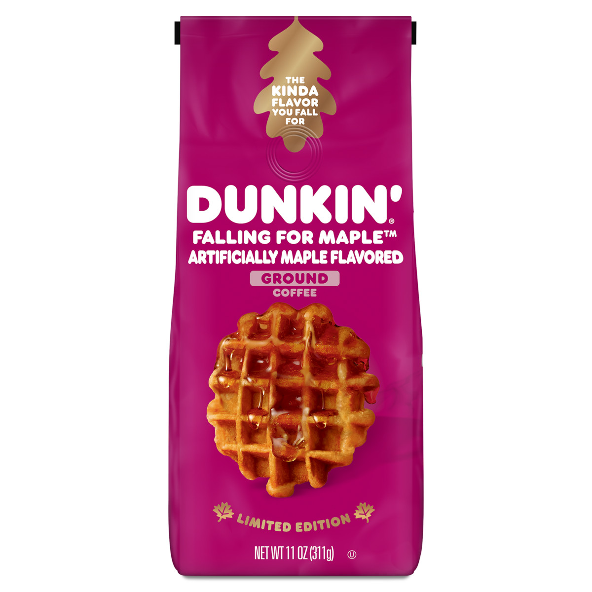 Dunkin'® Falling for Maple® Artificially Maple Flavored ground coffee in a dark pink bag with an image of a round golden waffle with syrup on it