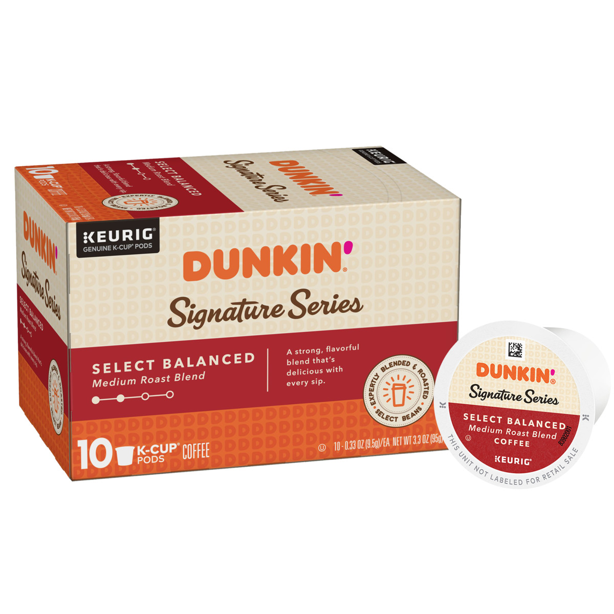 Dunkin'® Signature Series Select Balanced coffee K-Cup® pods in a beige, red, and orange box with a K-Cup® pod on its side in the foreground