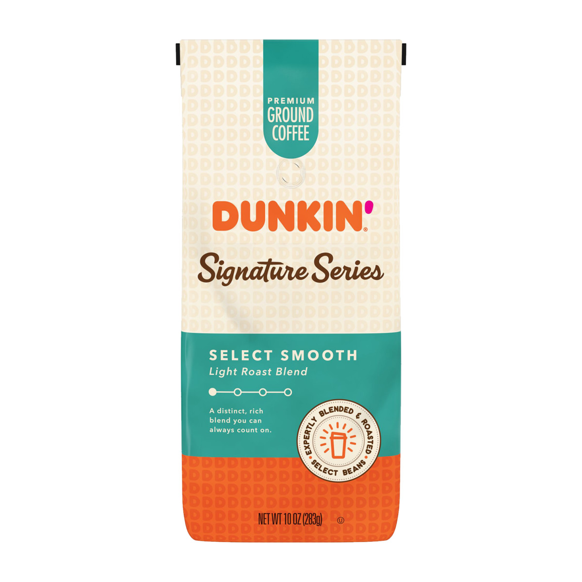 Dunkin'® Signature Series Select Smooth light roast ground coffee in an orange, green, and cream bag