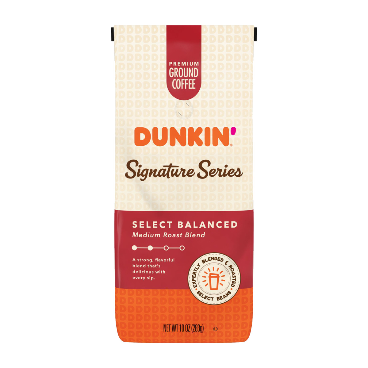 Dunkin'® Signature Series Select Balanced medium roast ground coffee in an orange, red, and cream bag